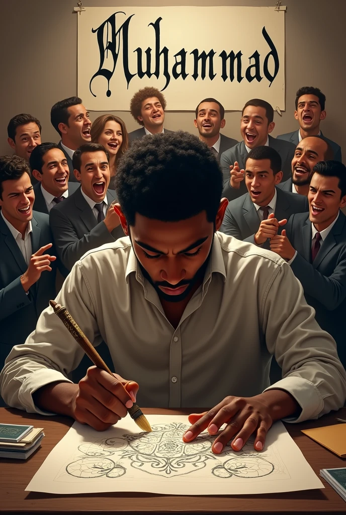 A black 18 years boy who is English calligrapher and writing a calligraphy sitting on table and in his background Muhammad calligrapher name is hanging in English words and a lot of people laughing on him and point to him