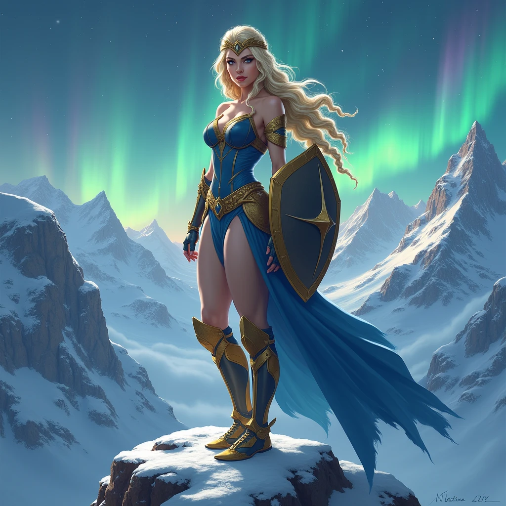 BOMBSHELL BLONDE WOMAN, WARRIOR FEMALE, VERY PALE SKIN, SKIN BLUE EYES, HIGH CHEEKBONES, ROSY CHEEKS, MENTAL FORAMEN, GOLD TIARA, HUGE LONG HAIR, DOUBLE BRAID HAIR, VOLUMOUS HAIR, BLUE AND GOLD LEOTARD ARMOUR, BLUE AND GOLD ARMOUR, GOLD GAUNTLETS, STRONG CURVY BODY, MUSCLES, GORGEOUS EXPOSED THIGHS, DETAILED QUADRICEPS, MUSCLES, GOLD FLAT BOOTS, STAND UP ON A HIGH MOUNTAINS ROCK, HUGE SHIELD , SIDE BODY VIEW, NORTHERN LIGHTS, NORTH POLE, SNOW, HIGH MOUNTAINS, SNOWING, NIGHT SKY, ACCURATE IMAGE, MASTERPIECE.