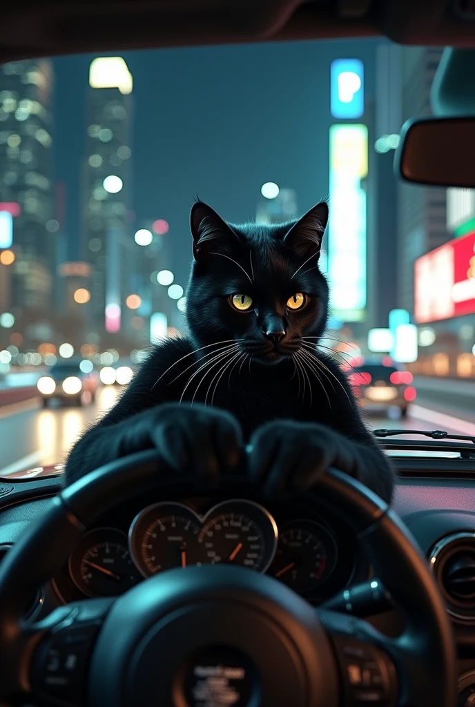 black cat with human body driving, car windshield, high speed chase, on the city highway, night, velocity, speed, motion blur, high definition image 