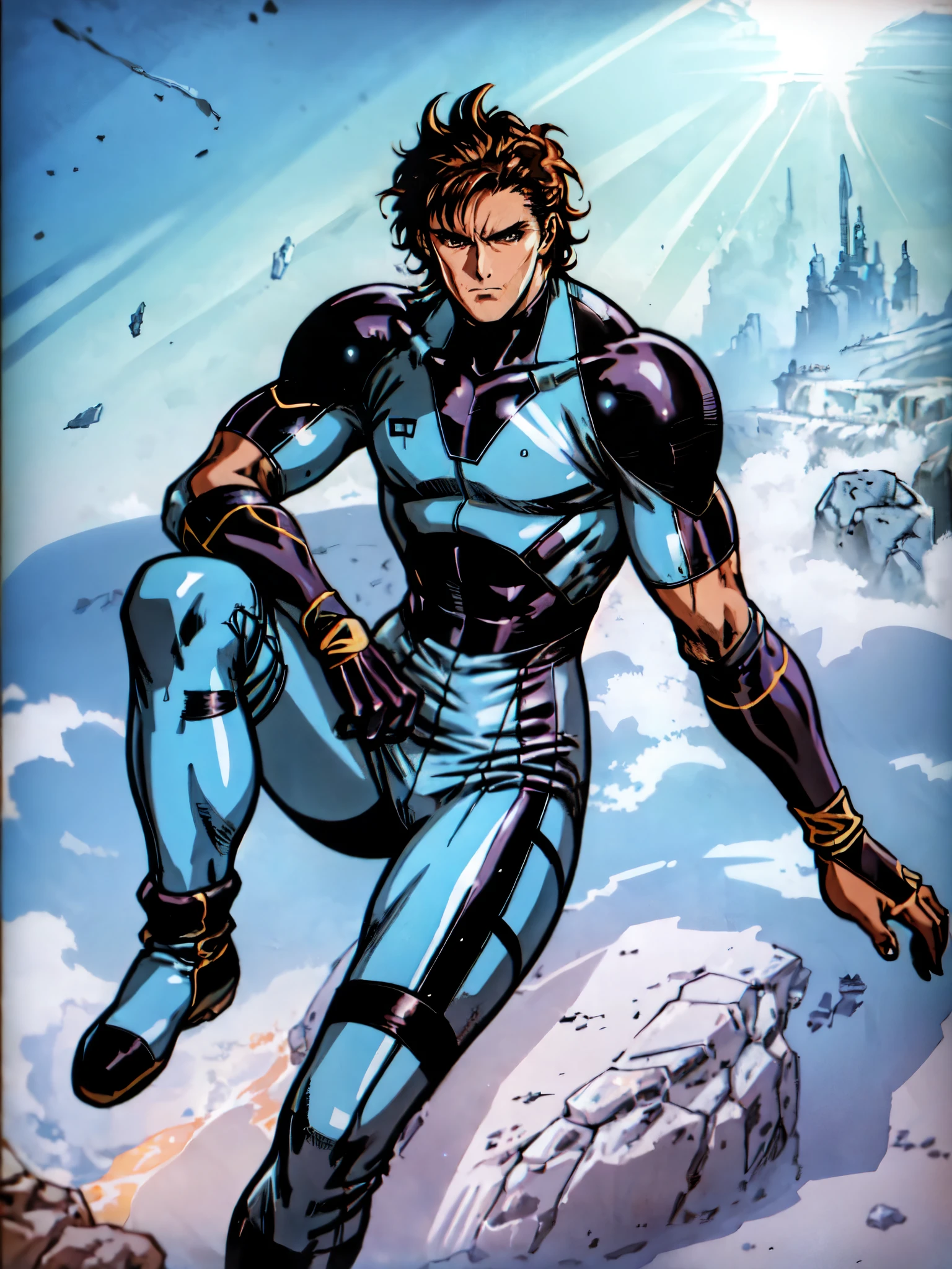 (masterpiece:1.2, best quality:1.2, extremely delicate:1.2), ((male:1.5)), a mature man with short slightly curly brown hair, a well-defined face, intense eyes, a thoughtful expression, brown skin, tall and athletic build, a futuristic fantasy-style blue and black short-sleeved tight-fitting wetsuit, matching trousers, wrist guards, he sits leisurely on a seaside rock, this character embodies a finely crafted futuristic fantasy-style swimmer in anime style, exquisite and mature manga art style, dramatic, high definition, highres, ultra-detailed, ultra-fine painting, professional, perfect body proportions, golden ratio, anatomically correct, symmetrical face, extremely detailed eyes and face, high quality eyes, creativity, RAW photo, UHD, 32k, Natural light, cinematic lighting, (masterpiece-anatomy-perfect:1.2)