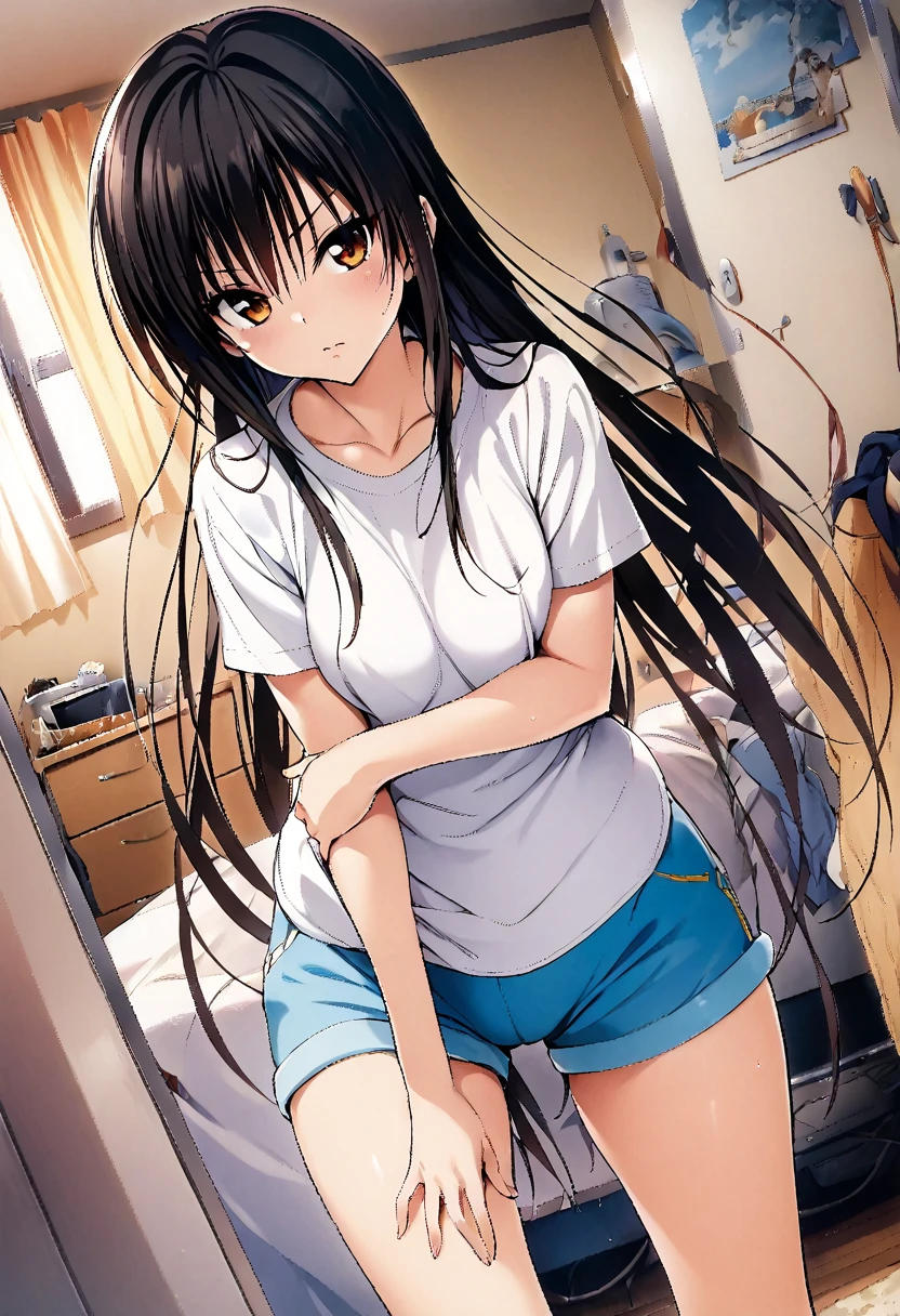 One girl, kotegawa yui, Black Hair, Long Hair, Brown eyes,shirt,shorts,room,masterpiece, best quality, absurdres