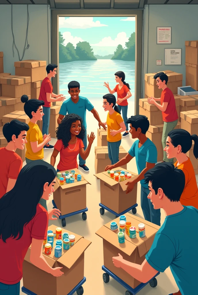 People donate food and cloth for 
Flood victims cartoon 