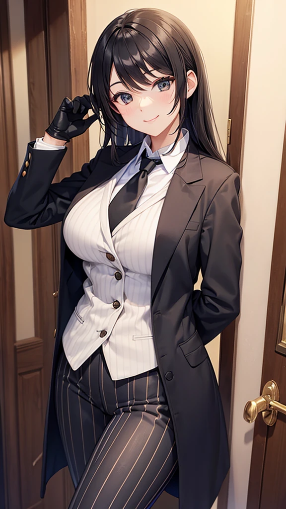 A woman wearing a striped pantsuit　tie　smile　　Black gloves