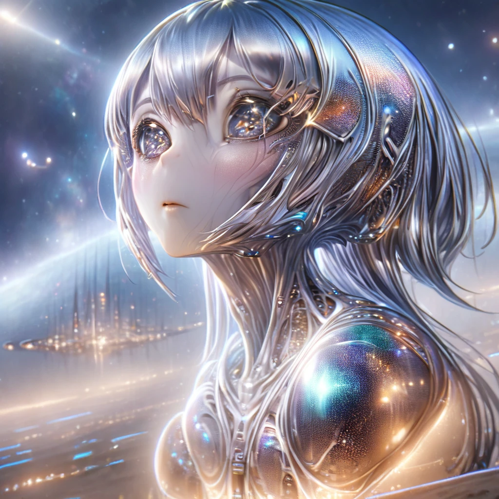 ((Highest quality)), ((masterpiece)), (detailed), (Perfect Face)、The woman is an alien, Little Grey, Reika Aoki, with semi-long hair, naked and silvery skin.