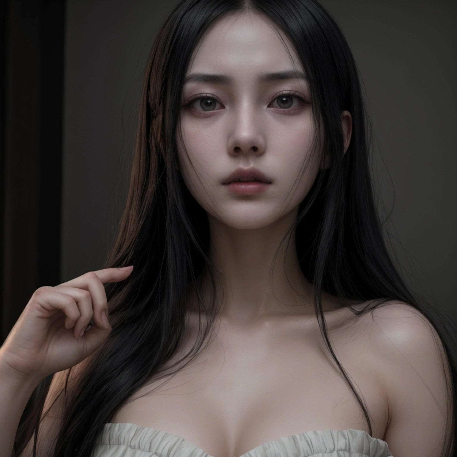a_girl_with_long_black_hair,yamamura_sadako,detailed_and_realistic_facial_features,beautiful_detailed_eyes,beautiful_detailed_lips,extremely_detailed_face,longeyelashes,creepy_atmosphere,horror,supernatural,ghostly,pale_skin,wearing_a_white_dress,haunting,ominous,dark_lighting,moody_lighting,muted_colors,dramatic_shadows,cinematic,masterpiece,best_quality,8k,highres,ultra-detailed,photorealistic