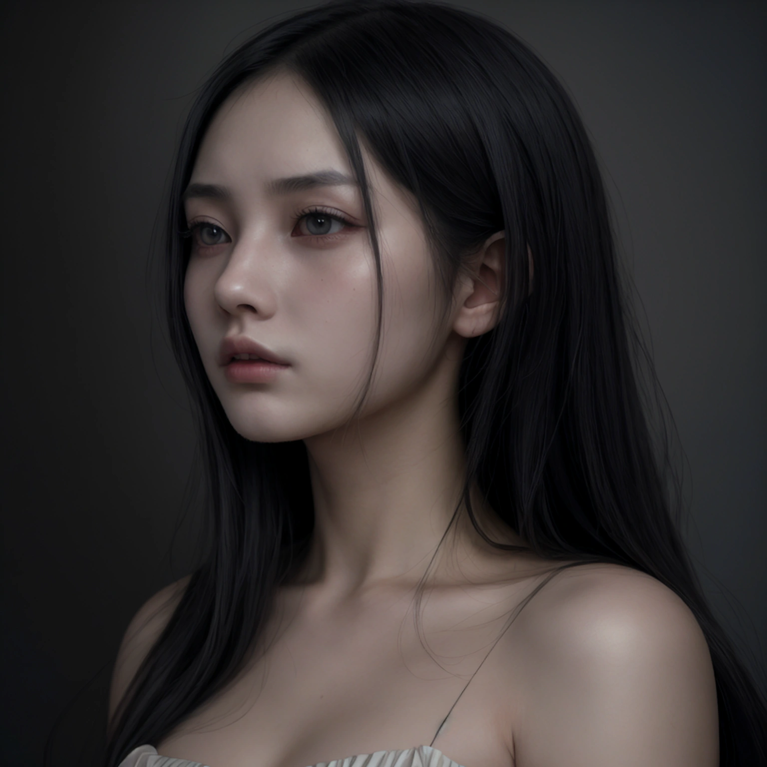 detailed, (realistic, photo realistic:1.37), portrait, high detail RAW color photo, an extremely delicate and beautiful, extremely detailed, extremely detailed skin, Chinese,realistic face, Pale skin,Black hair, super long hair, dark brown lipstick, See-through dress, dark atmosphere,ghostly face,Back light, Moon tattoo under eye