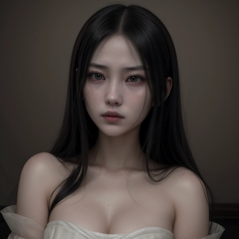 a_girl_with_long_black_hair,yamamura_sadako,detailed_and_realistic_facial_features,beautiful_detailed_eyes,beautiful_detailed_lips,extremely_detailed_face,longeyelashes,creepy_atmosphere,horror,supernatural,ghostly,pale_skin,wearing_a_white_dress,haunting,ominous,dark_lighting,moody_lighting,muted_colors,dramatic_shadows,cinematic,masterpiece,best_quality,8k,highres,ultra-detailed,photorealistic