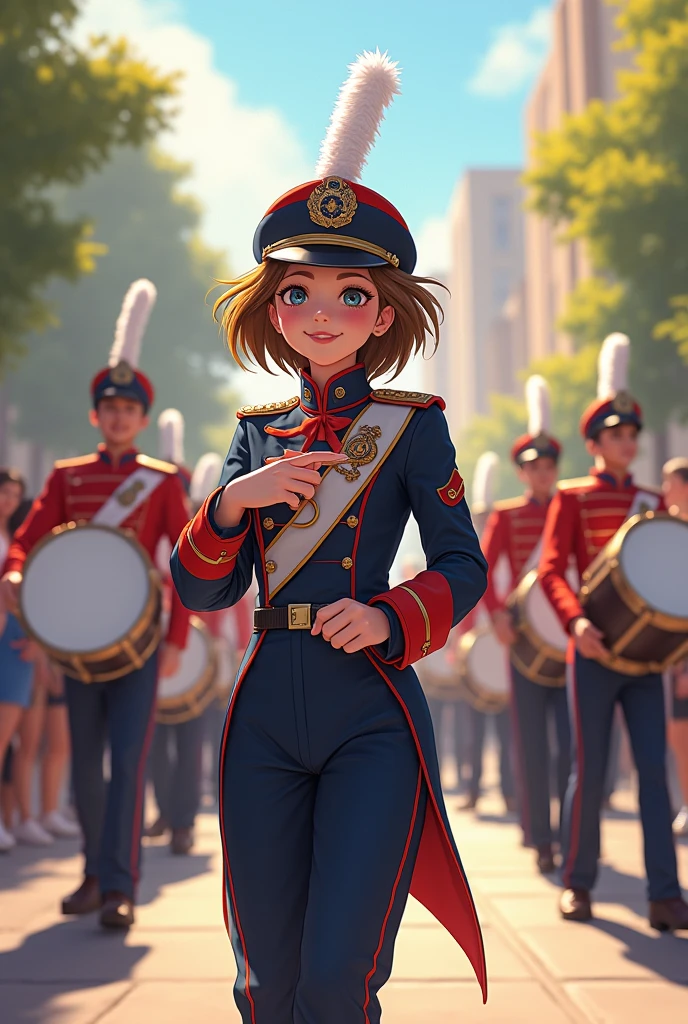Girl drum major leads drum band procession