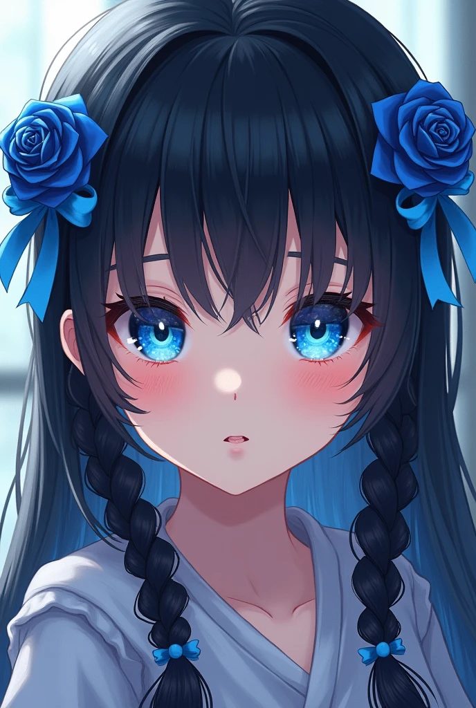 a young girl with long and fine wavy black hair, have a two-parted fringe with a hairstyle "short braid on both sides of the top and leave some of the hair down" with each sky blue ribbon and dark blue rose in the braid with a pleated fabric ribbon tail, has a blue ruby diamond pattern eye type like athanasia with californian coral gradation underneath has soft and smooth white skin