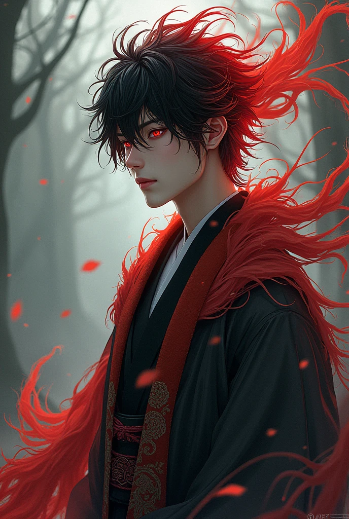 Man height 1,7 18, ōkami, black hair with red and red eyes, with a haori