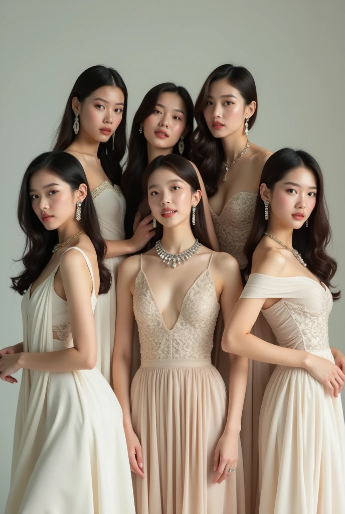 Female kpop group wearing elegant neutral colored dresses and jewelry on fashion cover