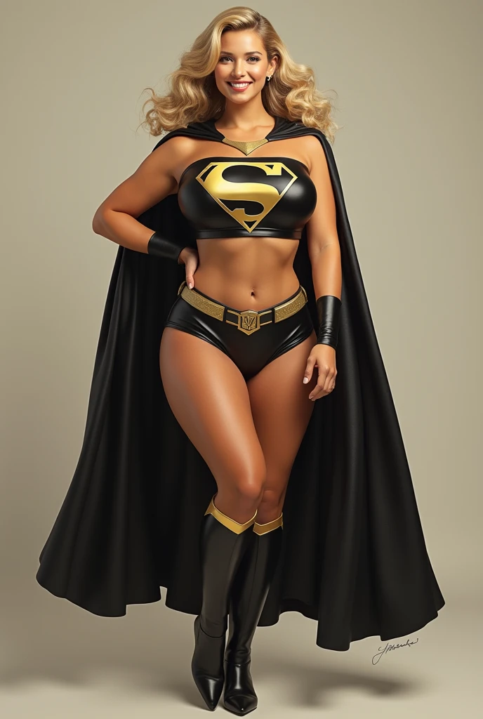 THE ORIGINAL 1950S SUPERGIRL WEARING A 1950'S SUPERGIRL COSTUME AND CAPE, HYPER REALISTIC. (( big boobs)) more sexy ((ponytail hair)) show abs and smile black and gold 