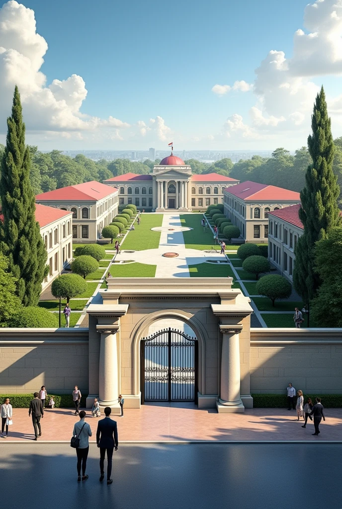 Creat a 3d realistic college campus view from the front side of the road.covered by boundary wall with main gate.