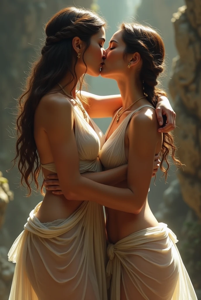 Goddess Athena in sexy Greek dress. very wearing transparent see-through dress. her huge boob can be seen through her dress. almost naked. mythical background. She is kissing a young girl. very very realistic look