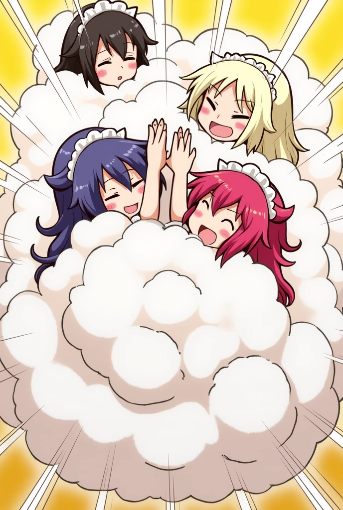 An anime-style illustration depicting maids and girls playfully wrestling with each other inside a comical fight cloud (dust cloud).
each girl and maid has different colored hair.
their faces,hands,and feet are visible emerging from the cloud as they tussle humorously, with the rest of their bodies completely hidden inside the cloud.
the illustration emphasizes the humorous and energetic nature of their scuffle,with a fluffy and exaggerated fight cloud.