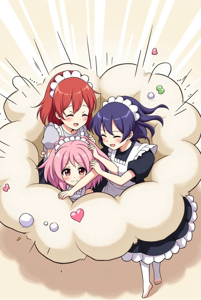 An anime-style illustration depicting maids and girls playfully wrestling with each other inside a comical fight cloud (dust cloud).
each girl and maid has different  colored hair.
their faces,hands,and feet are visible emerging from the cloud as they tussle humorously,  with the rest of their bodies completely hidden inside the cloud.
the illustration emphasizes the humorous and energetic nature of their scuffle,with a fluffy  and exaggerated fight cloud.