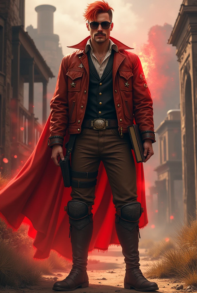 I would like a white young American around 20 years man with short shaved on the side red hair, a mustache, a leather jacket with stars on it, a black vest underneath, brown pants with knee guards, sunglasses, and a book in his hands. He wears tall boots and has a red aura around him. I would like him to have a mature style, and the art should be in a fantasy RPG style set in the Old West.