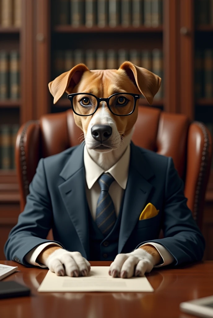 A dog in a lawyer&#39;s suit and glasses