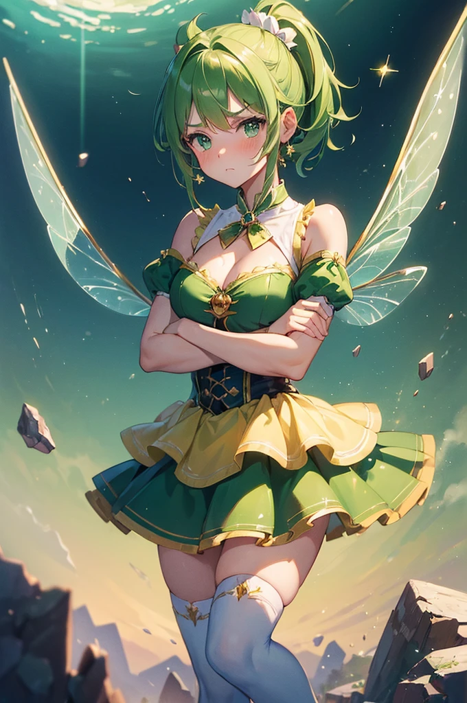 (masterpiece:1.4), (Best Quality:1.4), (High resolution:1.4), 1 girl, Tinker Bell, short ponytail, fairy wings, Green Fairy Costume, Crossed arms, crossed legs, angry, puffy cheeks, blush for the whole face, looking at the viewer, 