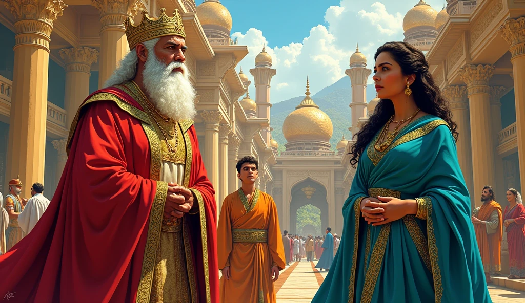 Illustrate the grand palace of Gandhara. King Subala, an older man with a white beard and golden crown, stands tall and regal in a red and gold robe. Shakuni, a young prince with short black hair and a green robe, stands beside him, looking determined. Gandhari, a beautiful young woman with long black hair, wears a blue sari with gold details and has a gentle, serene expression. Thebackground should be vibrant with ornate pillars, lush greenery, and sunlight streaming in, highlighting the richness and prosperity of Gandhara. In comic style