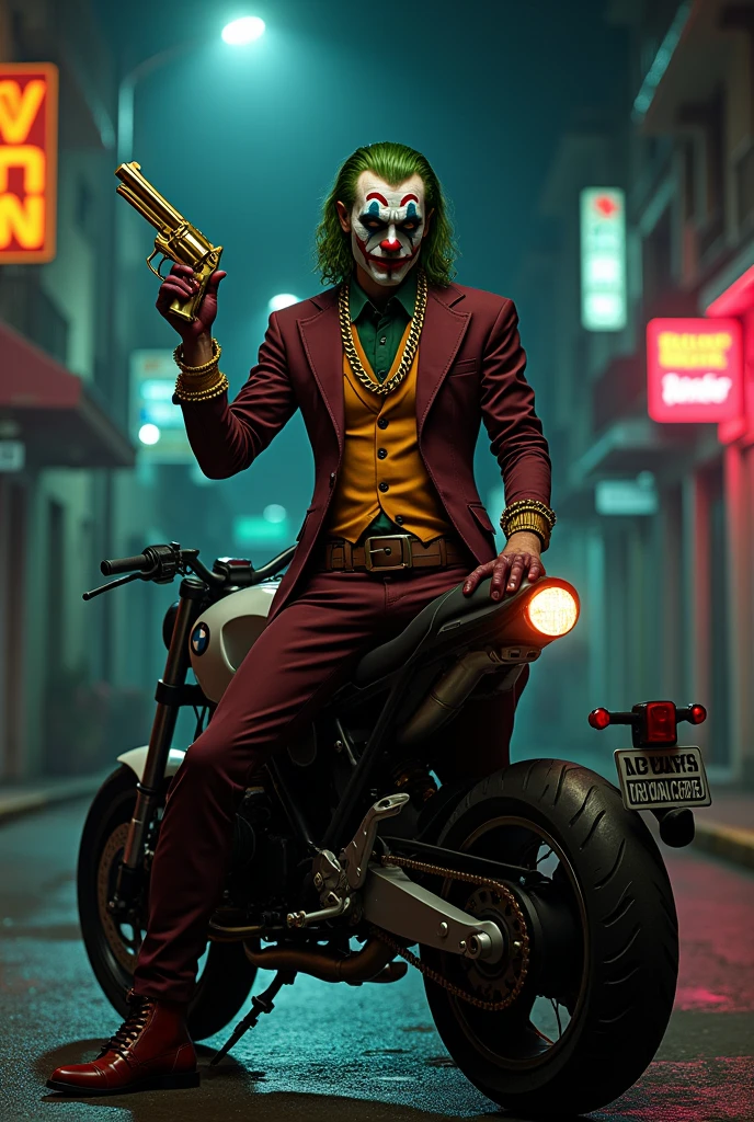 joker character with gold chains on top of a BMW motorcycle in the background of a favela at night holding a 38 Gold