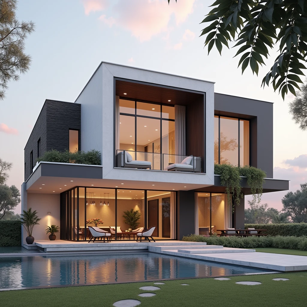 The space is designed according to Feng Shui rules , maison moderne, Avec piscine, au crépuscule, arbres et jardins fleuris