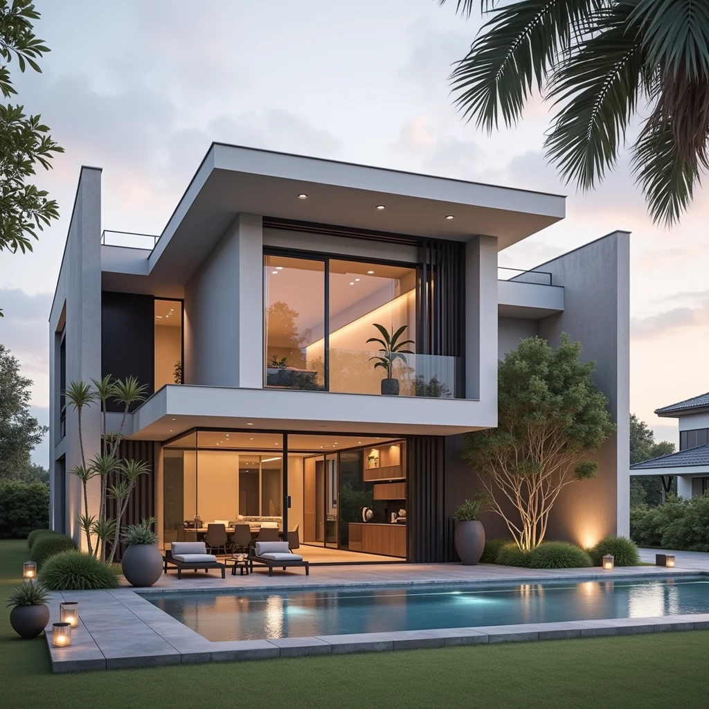 The space is designed according to Feng Shui rules , maison moderne, Avec piscine, au crépuscule, arbres et jardins fleuris