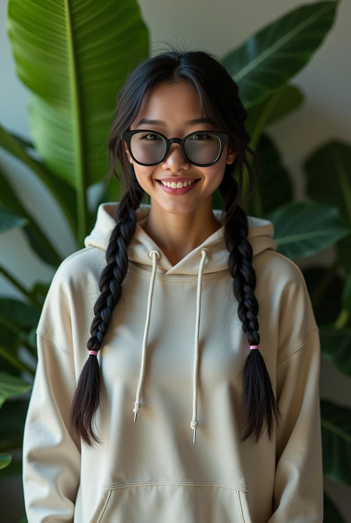 (photorealism:1.2), beautiful black Korean woman,22 years,small low bridge nose,sharp boobs, oily smooth shiny skin,smiling,wearing a fitting hoodie,long braids, black oversized round photo chromatic glasses with grey lenses, standing , realistic indetails,plants in background.Cardi B inspiration