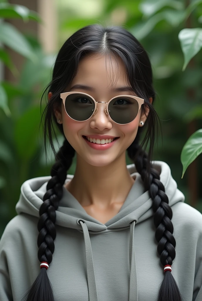 (photorealism:1.2), beautiful black Korean woman,22 years,small low bridge nose,sharp boobs, oily smooth shiny skin,smiling,wearing a fitting hoodie,long braids, black oversized round photo chromatic glasses with grey lenses, standing , realistic indetails,plants in background.Cardi B inspiration