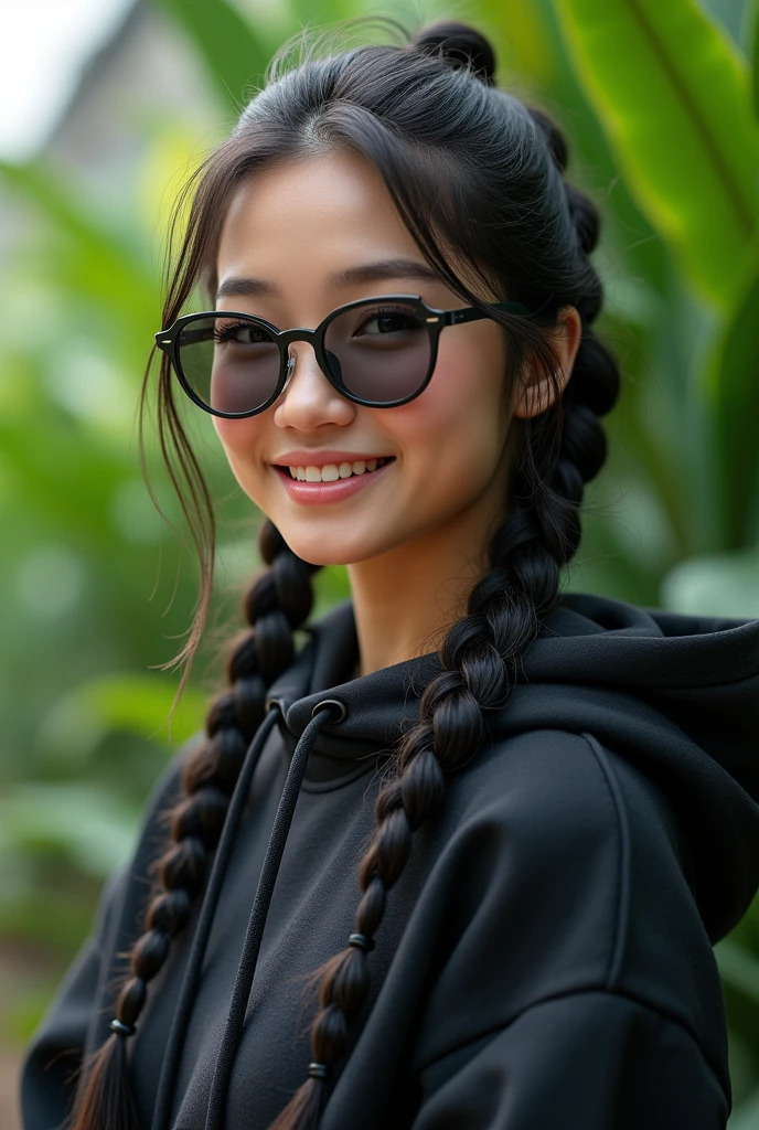 (photorealism:1.2), beautiful black Korean woman,22 years,small low bridge nose,sharp boobs, oily smooth shiny skin,smiling,wearing a fitting hoodie,long braids, black oversized round photo chromatic glasses with grey lenses, standing , realistic indetails,plants in background.Cardi B inspiration