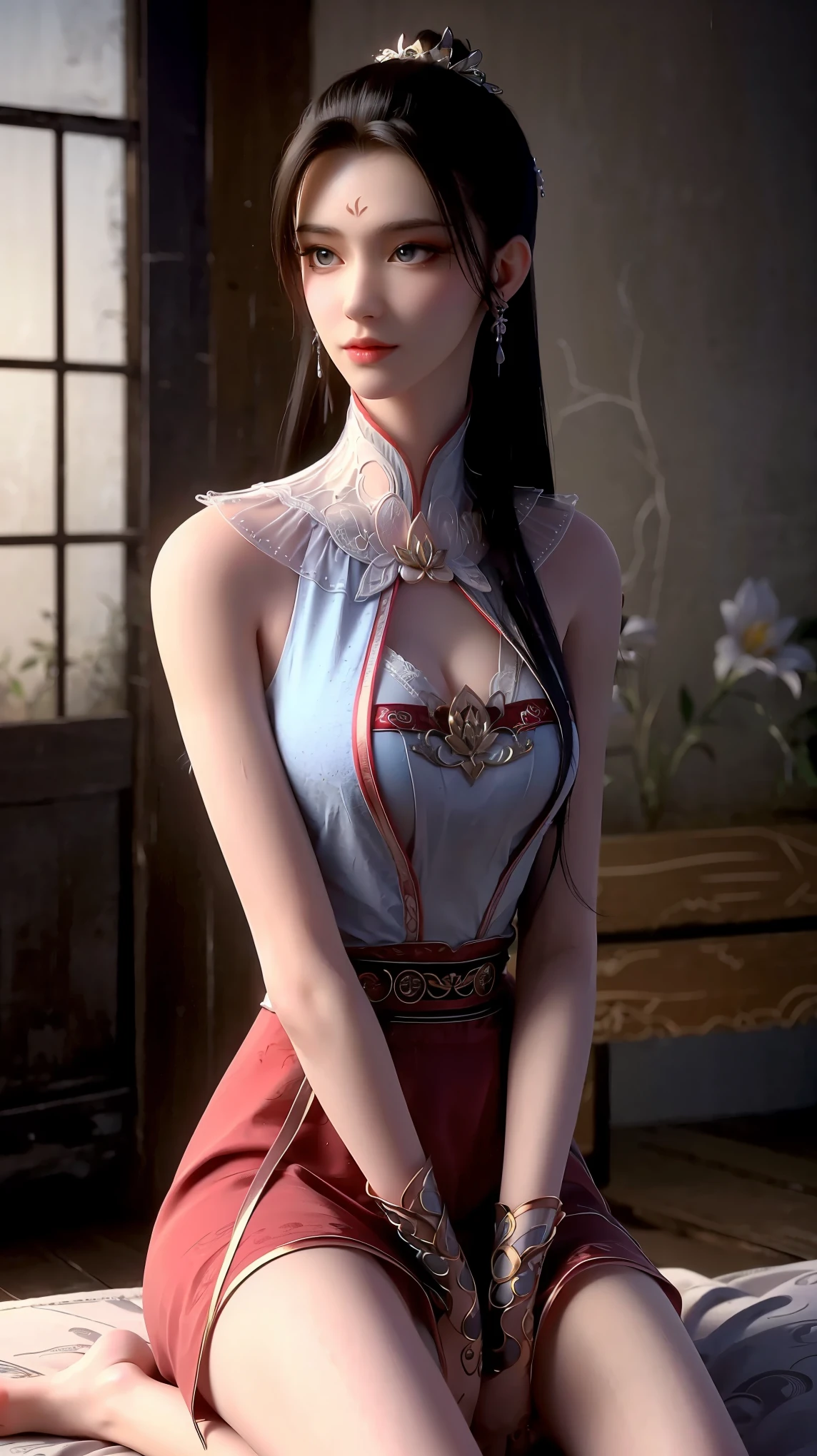 a beautiful young woman with long hair, wearing a nightgown, sitting on a bed, barefoot, in a dress, lying on her side, cross-legged, full body shot, (best quality,4k,8k,highres,masterpiece:1.2),ultra-detailed,(realistic,photorealistic,photo-realistic:1.37),beautiful detailed eyes,beautiful detailed lips,extremely detailed eyes and face,longeyelashes,natural lighting,warm tones,soft focus,portraits,chiaroscuro,depth of field