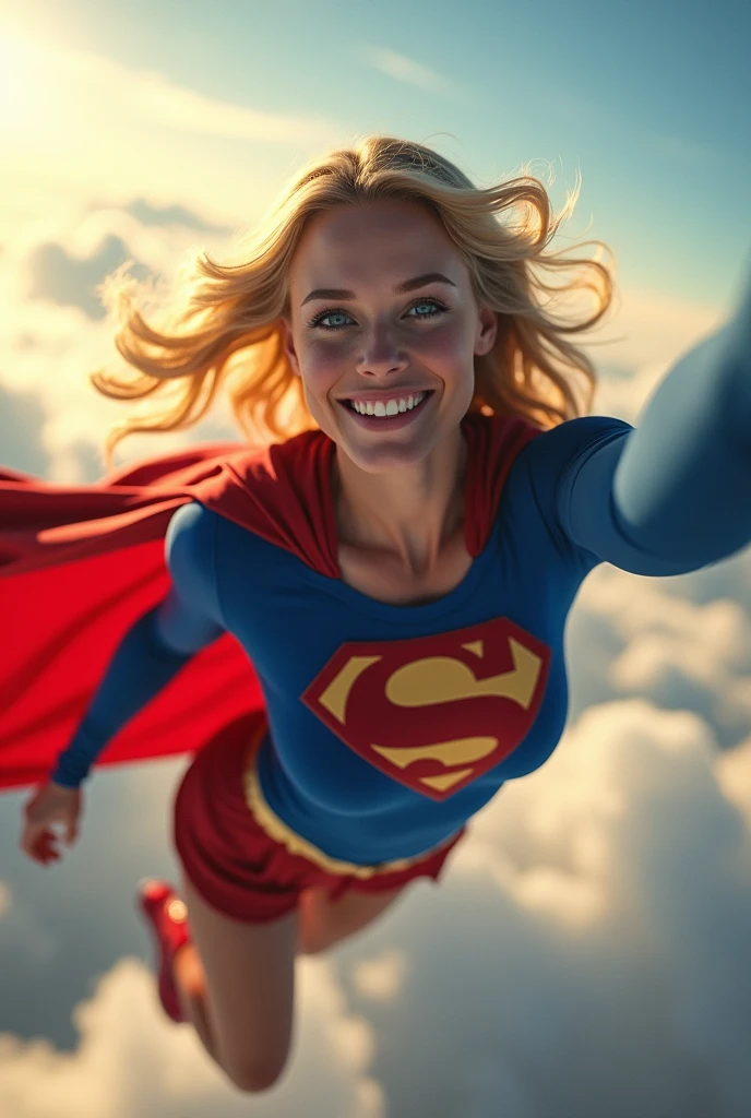 INSANELY SEXY, RIPPED MUSCULAR CHEST SUPERGIRL WEARING THE ORIGNAL GOLDEN AGE SUPERGIRL COSTUME FROM 1950. SOARING WHILE TAKING A SELFIE.