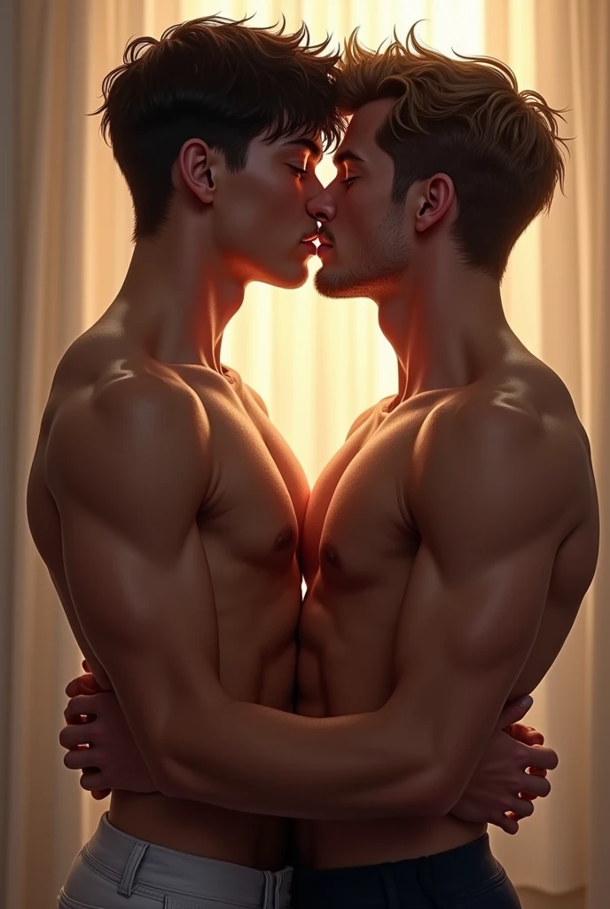 Teenage men kissing shirtless 