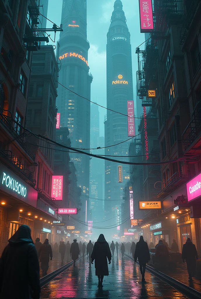cyber gothic city. lots of lights and technology. a little creepy