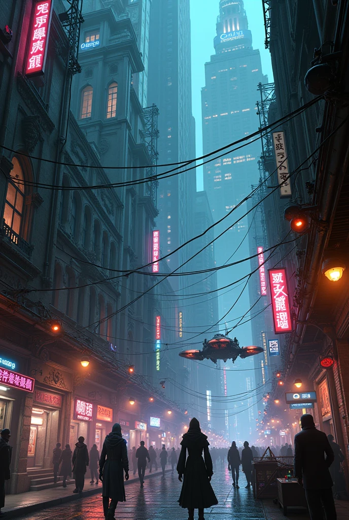 cyber gothic city. lots of lights and technology. a little creepy