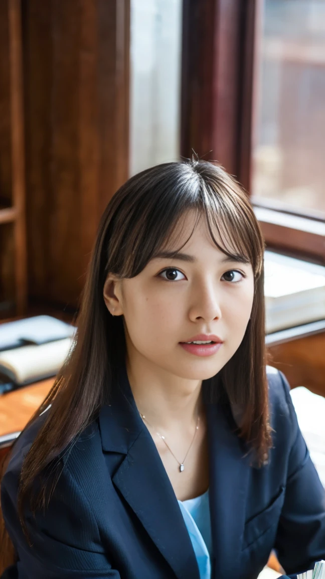 (top-quality, 16K, masterpiece:1.3), (ultra detailed), (masterpiece), (best quality), Highest quality, Realistic, Surreal, Highest quality, Extremely detailed CG, Very delicate, 16K wallpaper, High resolution, A woman in a management position at a prestigious company, 3, beautiful woman, ((Silky hair:1.2)), (beautiful straight medium hair:1.2), ((orgasm:1.5)), ((ecstasy:1.5)), (mole under eye:1.2), ((UNTITLED business suit:1.2)), ((Very simple necklace)), With a large window Japanese office, ((Working at desk:1.5)), Japanese, slender body, very detailed, detailed fingers, detailed hands, detailed eyes, detailed legs, accurate and perfect human anatomy, real human skin, BREAK ((upper body:1.5)), ((look into the viewer's eyes:1.5)), ((looking at viewer:1.5)), ((Front view:1.5)), ((from front:1.5)),