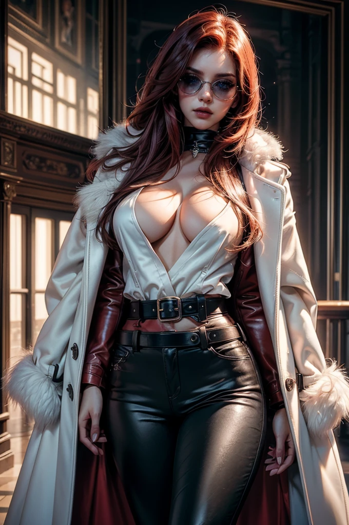 (cowboy shot), a beautiful young woman with long red hair, lora_Emma, ((black high waist leather pants)), ((formal white top with cleavage)), decorated waist belt, ((a white fur coat)), reflective silk scarf, (red shaded sunglasses), (best quality,4k,8k,highres,masterpiece:1.2),ultra-detailed,(realistic,photorealistic,photo-realistic:1.37),detailed face, detailed eyes, detailed lips, long eyelashes, beauty, fashion, portrait, glamorous, elegant, studio lighting, dramatic lighting, high contrast, vivid colors, cinematic, ((coat on shoulders))