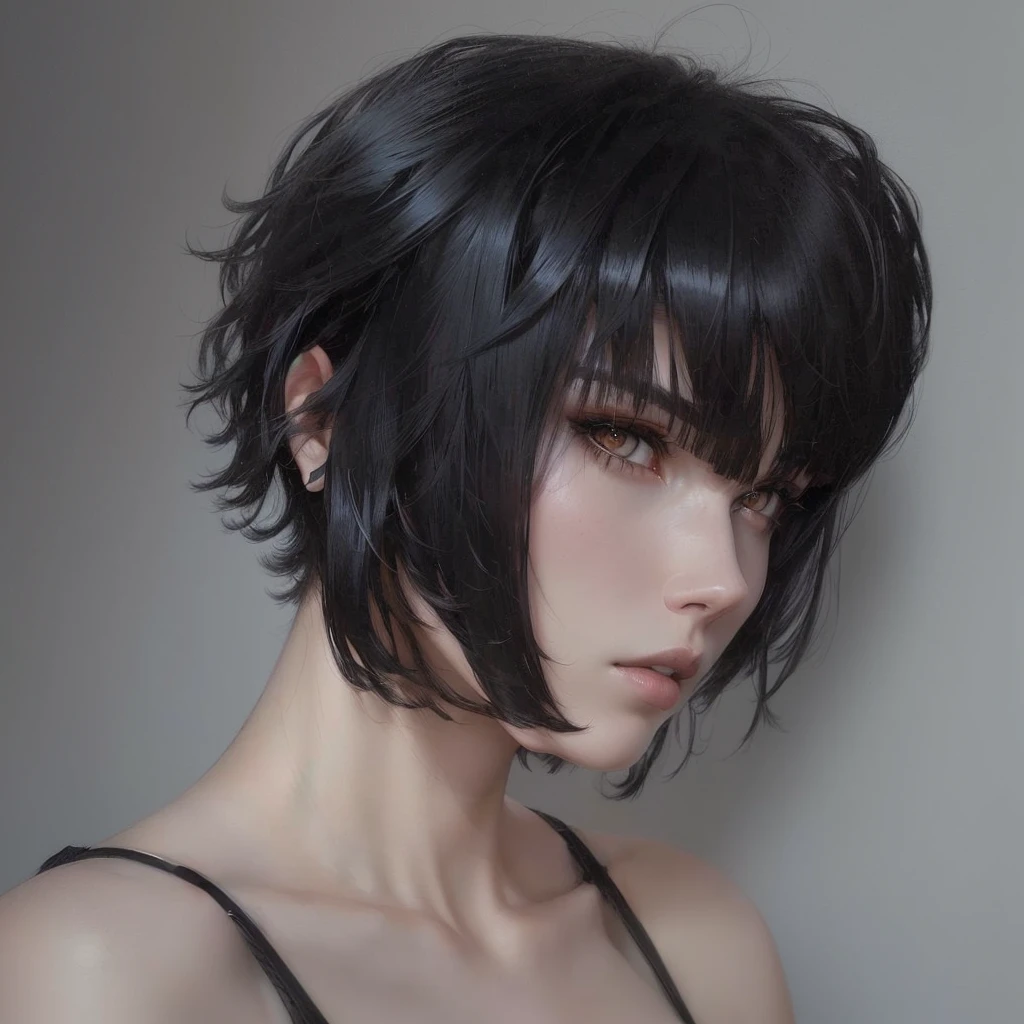 A redhead woman with a black haircut and a black bra top, with short hair, jet black haired cyberpunk girl, messy black hair, Designed like a ghost in the shell., short dark hair, half body headshot, Fubuki, short black hair with bangs, Sandman Fate Portrait, with short hair with bangs, Profile picture, with black hair