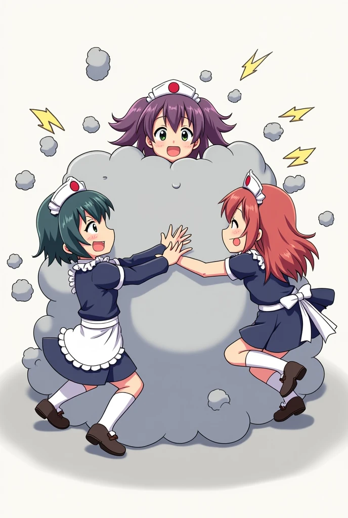 An anime-style illustration depicting maids and nurses playfully wrestling with each other inside a gray comical fight cloud (dust cloud).
each maid and nurse has different colored hair.
their faces,hands,and feet are visible emerging from the cloud as they tussle humorously, with the rest of their bodies completely hidden inside the cloud.
the illustration emphasizes the humorous and energetic nature of their scuffle,with a fluffy and exaggerated fight cloud.