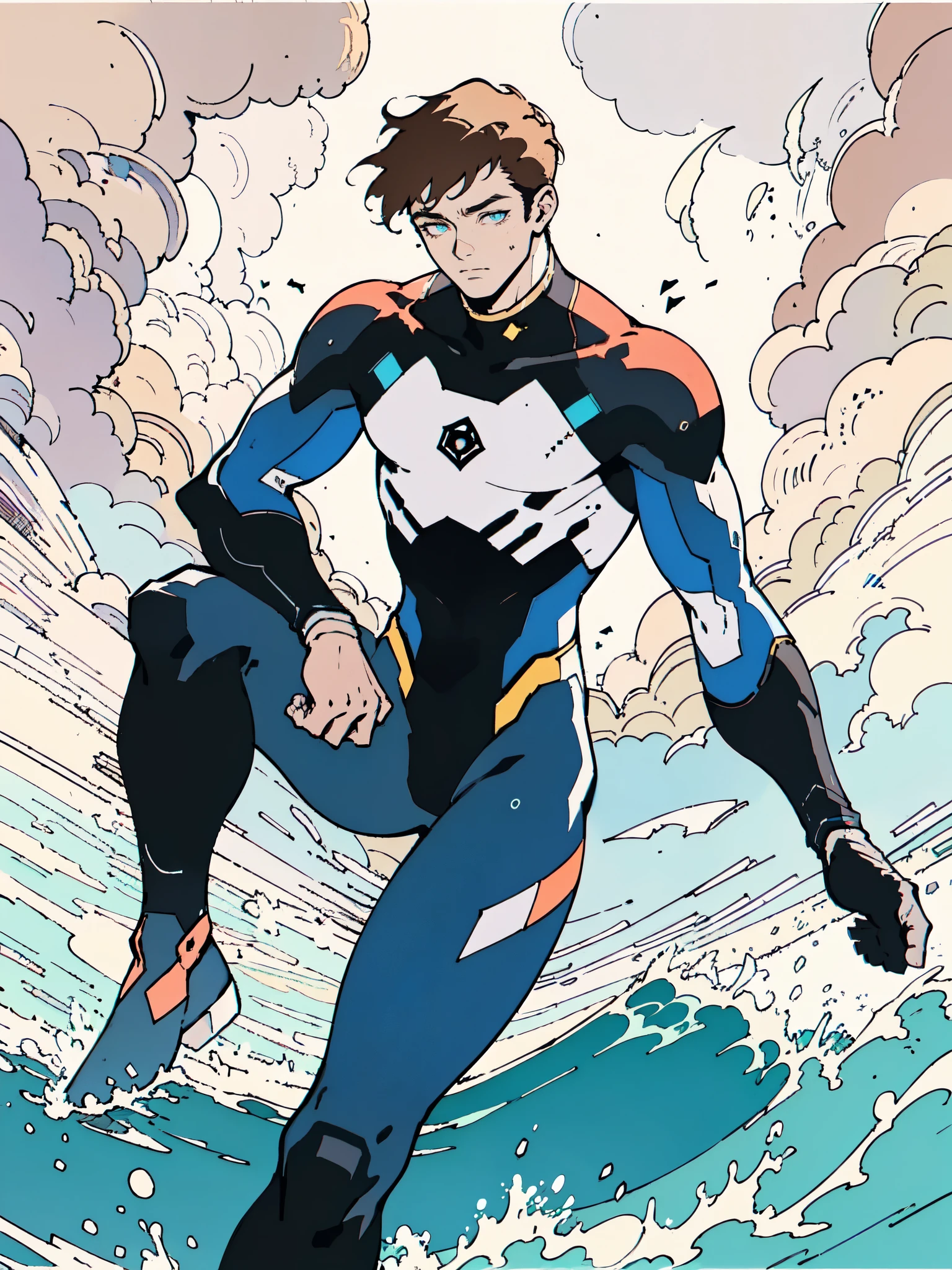 (masterpiece:1.2, best quality:1.2, extremely delicate:1.2), ((male:1.5)), a mature man with short slightly curly brown hair, a well-defined face, intense eyes, a thoughtful expression, brown skin, tall and athletic build, a futuristic fantasy-style blue and black short-sleeved tight-fitting wetsuit, matching trousers, wrist guards, he sits leisurely on a seaside rock, this character embodies a finely crafted futuristic fantasy-style swimmer in anime style, exquisite and mature manga art style, dramatic, high definition, highres, ultra-detailed, ultra-fine painting, professional, perfect body proportions, golden ratio, anatomically correct, symmetrical face, extremely detailed eyes and face, high quality eyes, creativity, RAW photo, UHD, 32k, Natural light, cinematic lighting, (masterpiece-anatomy-perfect:1.2)