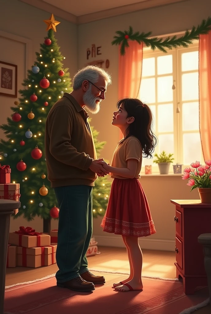 A not-so-young dad with his 1 daughter taller than him, My son in a Christmas room