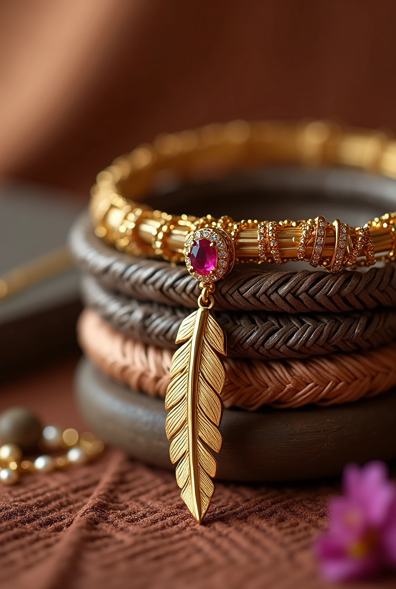 Fil de Soie. Rubis. Bracelets en Fil à Broder en Soie Fait Avec Amour Passion. Un Pendentif en Or de Haute Qualité : Une Plume d'Or Royale Ornée d'un Petit Rubis Rouge de Rage Sauvage. La Mère Guêpe. Jaune Ocre Palette d'aquarelle Egyptien.