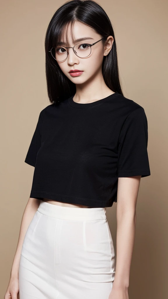 (Highest quality:1.5), (Real:1.4), (Ultra high definition:1.4), (No correction:1.4), (skinny Japanese woman with average size breasts standing front plain background in studio), (A woman wearing black-rimmed glasses), (Very small eyes), (breasts of average size), (Bangs that hide eyebrows), (Long black hair), (Dark personality expression), (Black T-shirt), (Black long skirt), (black hair woman is standing with black T-shirt and black long skirt front plain background in studio), (woman viewed from the front), (Plain background), (Cowboy Shot), (Cold expression), (upright), (A woman with long black hair and glasses), (Bangs that hide eyebrows), (Sharp and tiny eyes)