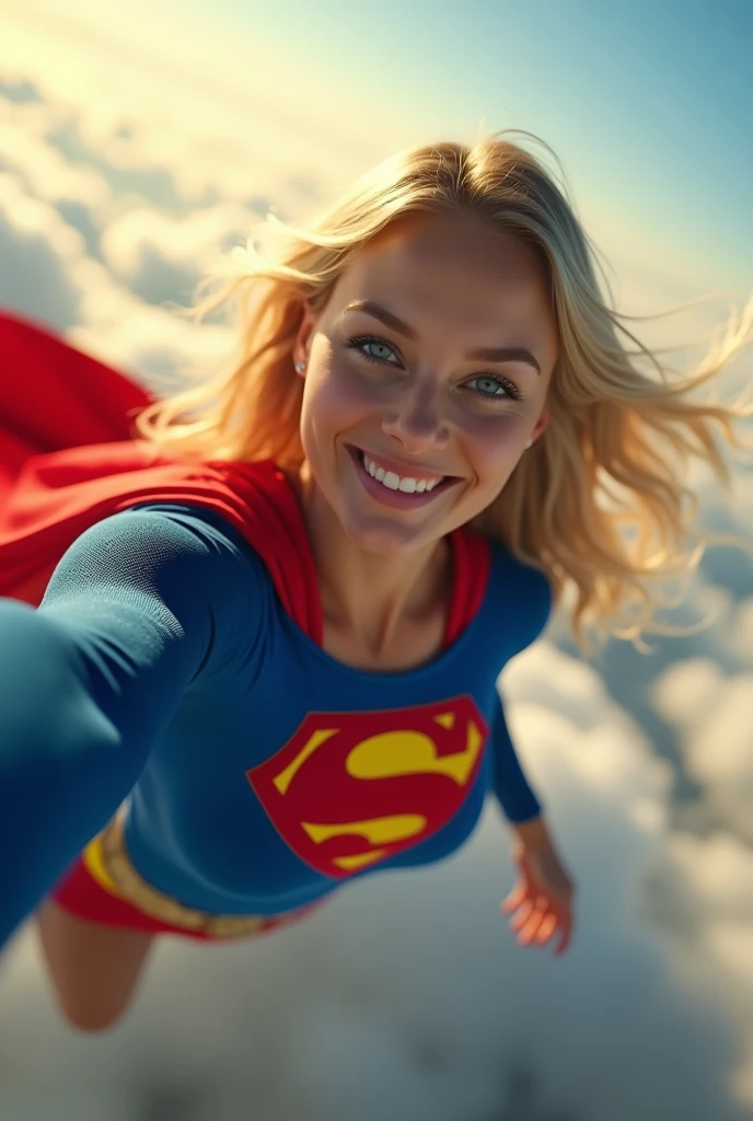 INSANELY SEXY, RIPPED MUSCULAR CHEST SUPERGIRL WEARING THE ORIGNAL GOLDEN AGE SUPERGIRL COSTUME FROM 1950. SOARING WHILE TAKING A SELFIE.