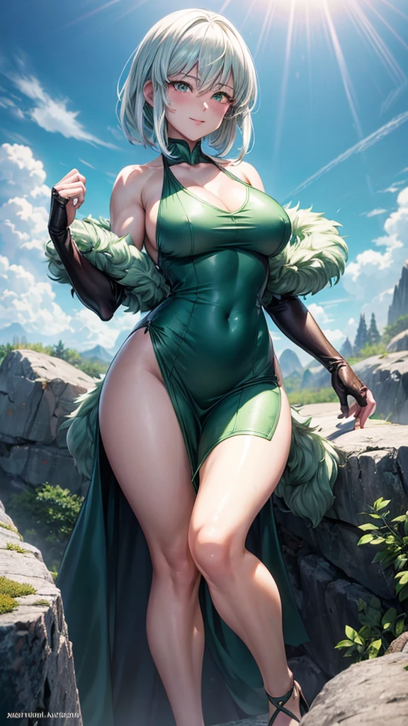 animated art style, Fubuki from One Punch Man, green fur, White skin, wearing a v-neck dress, open legs on destroyed rock, cinematic lights, blushing cheeks, light smiling, detailed big chest, Wide hips, NSFW, Tight dress that is somewhat transparent and short in the thigh area.