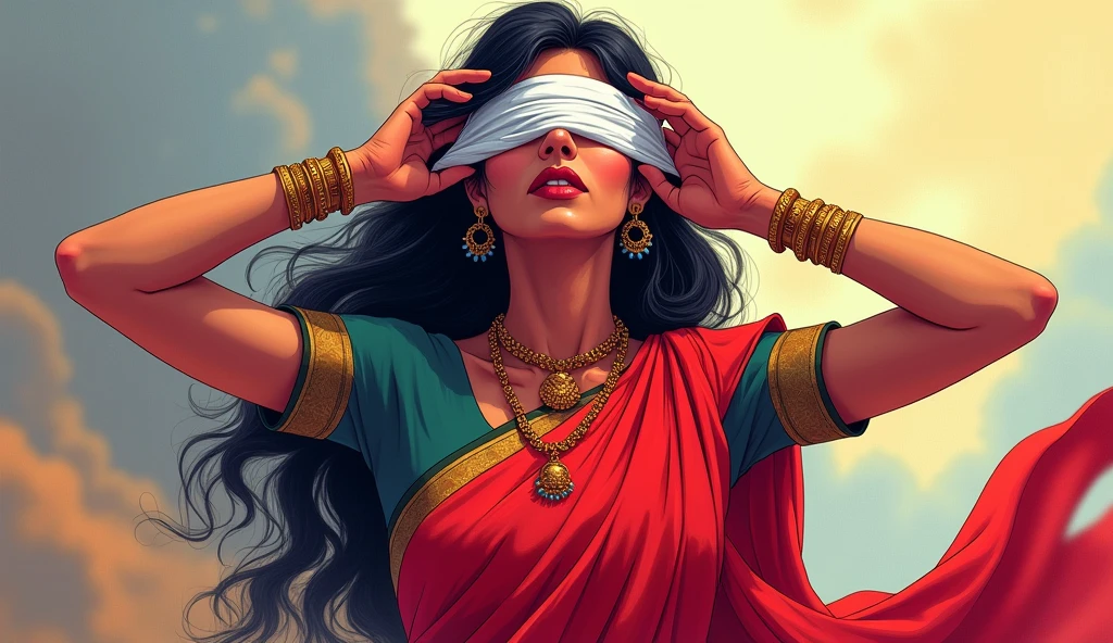 Colorful comic style - Depict Gandhari in the act of blindfolding herself with a white cloth. Her expression is a mix of sadness and determination. She is dressed in her vibrant red sari, and her long black hair cascades over her shoulders. The background should be blurred to emphasize Gandhari, with soft warm colors transitioning to cooler shades to symbolize her acceptance of a new, darker reality