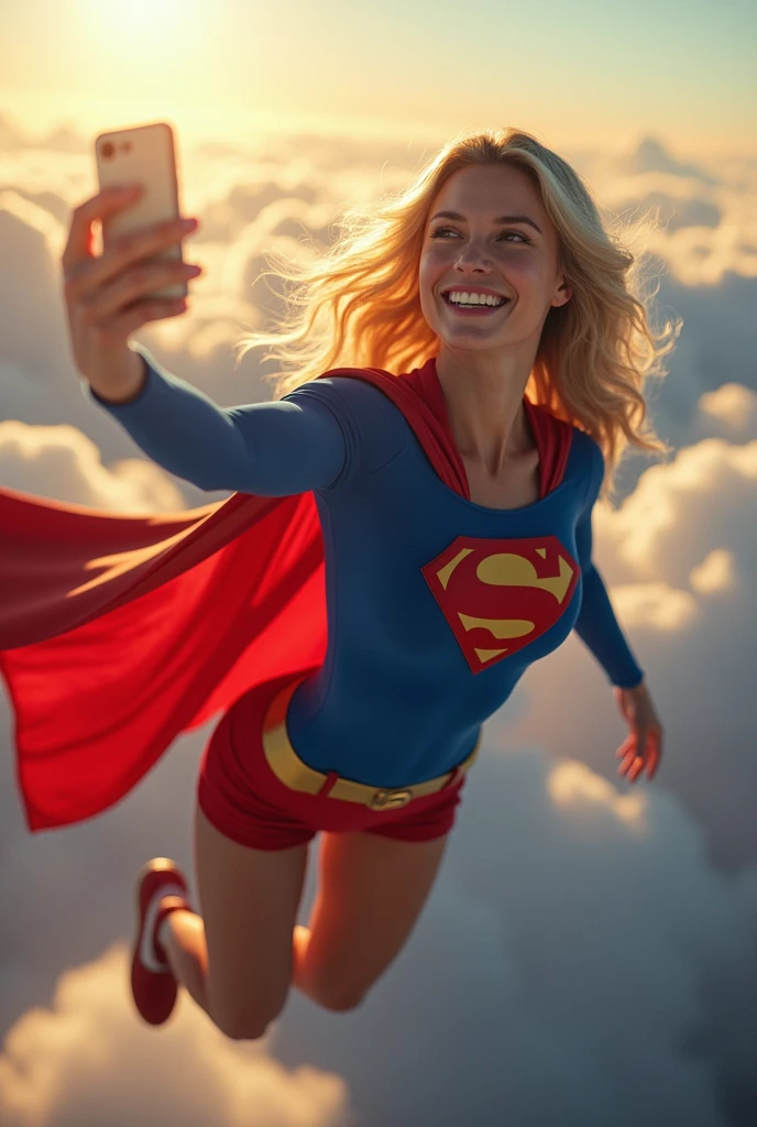 INSANELY SEXY, RIPPED MUSCULAR CHEST SUPERGIRL WEARING THE ORIGNAL GOLDEN AGE SUPERGIRL COSTUME FROM 1950. SOARING WHILE TAKING A SELFIE.