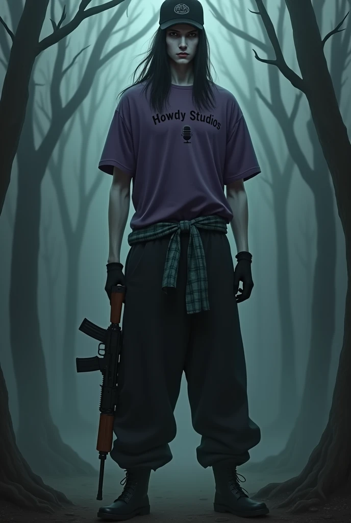 A college grown man, with long, straight hair that reaches the neck, Your skin is white, your eyes are black in color, he is very tall and thin. His clothes are a very large and long purple t-shirt with the words "Howdy Studios" on his chest in white with a small microphone symbol next to the phrase, he also wears a black cap, a very long black pants, a greenish plaid blouse tied at the waist, wears black boots and uses black gloves on his hands. In this scene he is holding an assault rifle in an environment full of fog and extreme darkness in the forest at night., he has the gun pointed at the ground, while his own expression shows anger and fear.