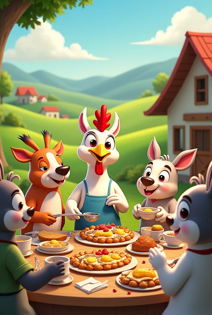 cartoon about this paragraph : On a small and quiet farm, There lived a variety of animals that, although very different from each other, they got along wonderfully. Every day started the same way: with a delicious breakfast prepared by Doña Gallina, the most talented cook in the place.