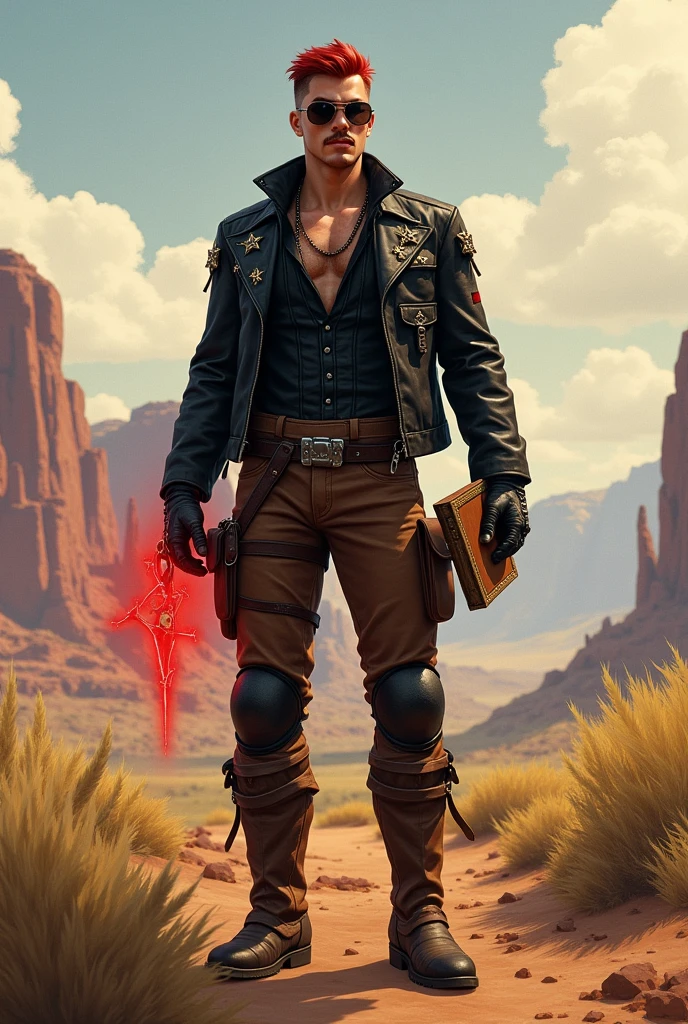 I would like a eger American around 20 years man with short shaved on the side red hair, a mustache, a leather jacket with stars on it, a black vest underneath, brown pants with knee guards, sunglasses, and a book in his hands. He wears tall boots and has a red aura around him. I would like him to have a mature style, and the art should be in a fantasy RPG style set in the Old West.